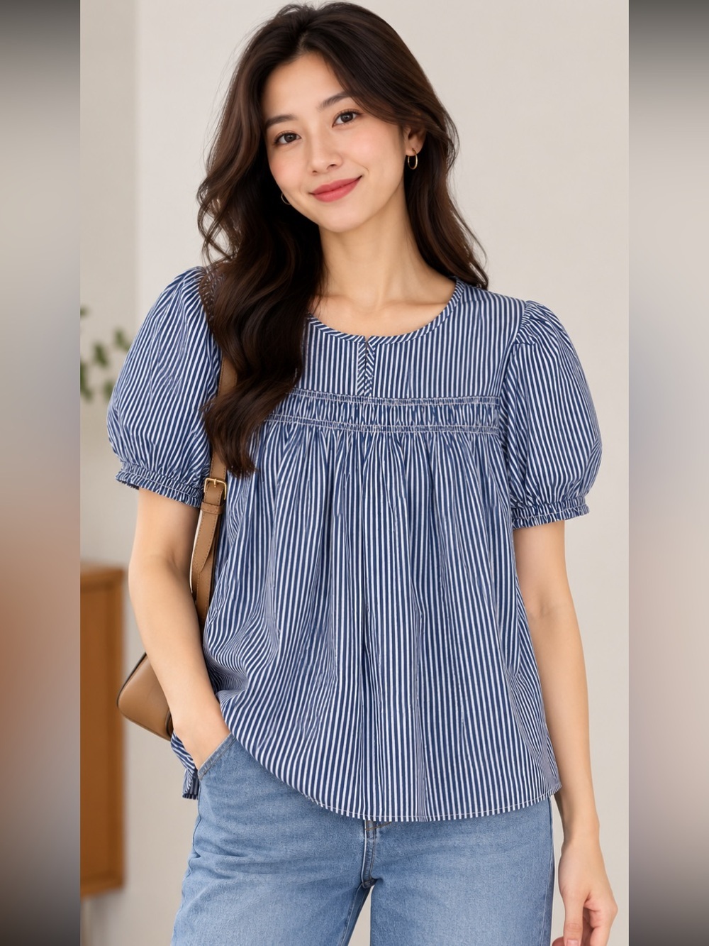 J. Crew Factory Blue and White Striped Top with Puffed Sleeves Size Petite Large